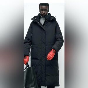 ZARA Long Anorak Black Jacket with Hood Water Repellent NWT